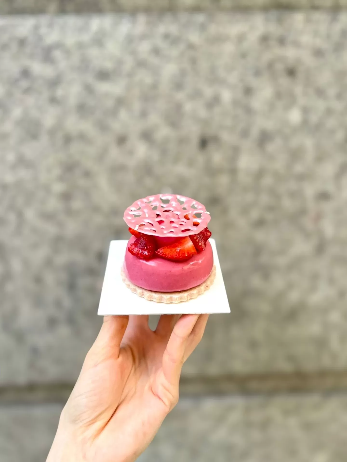 Pastel individual de frutos rojos de ITAMA sostenido en la mano
